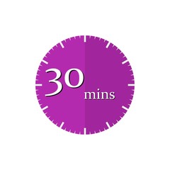 Purple timer icon, a 30-minute clock, vector