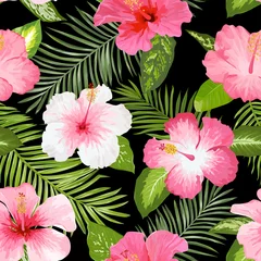 Fototapeten Tropical Flowers and Leaves Background - Vintage Seamless Pattern © wooster