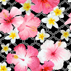 Tropical Flowers and Leaves Geometric Background - Vintage Seamless Pattern © wooster