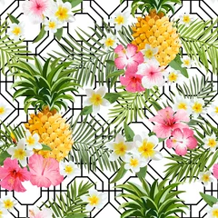 Foto op Plexiglas Pinapples and Tropical Flowers Geometry Background - Vintage Seamless Pattern © wooster