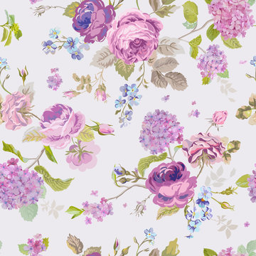 Spring Flowers Background - Seamless Floral Shabby Chic Pattern