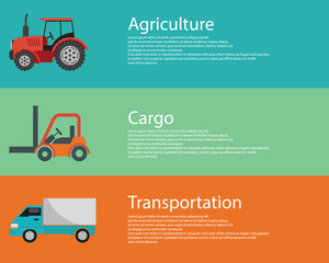 Vector modern creative flat design logistics and agriculture vehicles. Cargo truck, forklift and tractor