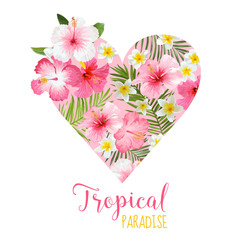 Floral Heart Graphic Design - Tropical Flowers Theme - for t-shirt
