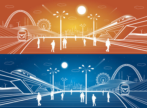 Two trains moves, railway station, people waiting for the train, industrial and transport panoramic, city infrastructure on background, vector design art