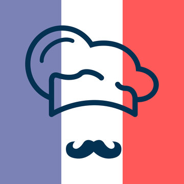Icono plano gorro de cocinero y bigote sobre bandera de Francia #1