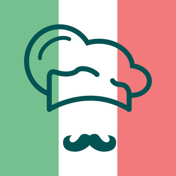 Icono plano gorro de cocinero y bigote sobre bandera de Italia #1