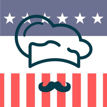 Icono plano gorro de cocinero y bigote sobre bandera de USA #1