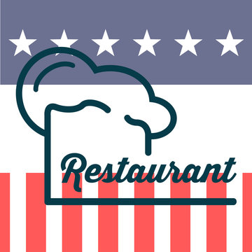 Icono plano gorro de cocinero y restaurant sobre bandera de USA #1