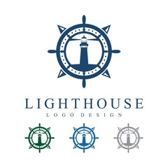 Lighthouse, Ship's Wheel, Compass, Circle Logo Design Template