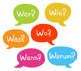 Bunte Sprechblasen: Wer? Wie? Was? Wo? Wann? Warum? / Vektor, handgezeichnet, freigestellt