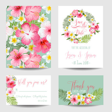 Save the Date Card - Tropical Flowers - for Wedding, Invitation