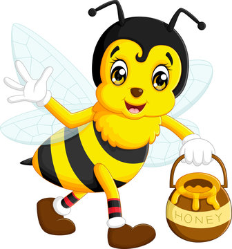 cartoon cute bee handling honey pot isolated white background. 