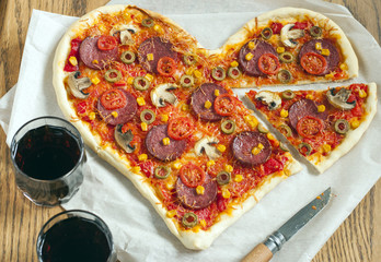 Pizza heart shaped with pepperoni,