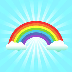 Colorful rainbow with clouds on sunburst background. Vector Illustration.