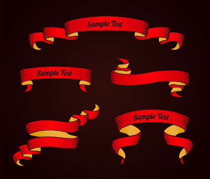 Set of red vintage scroll ribbon banners. Vector illustration.