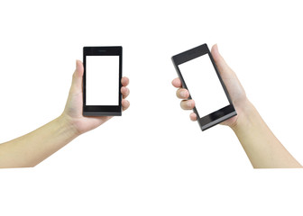 Female hand holding modern smart phone with white screen on white background with clipping path