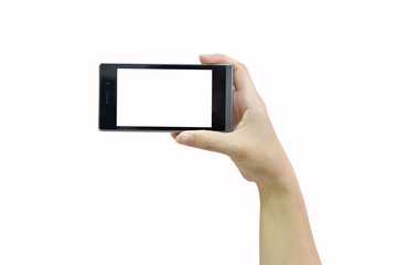 Female hand holding modern smart phone with white screen on whit