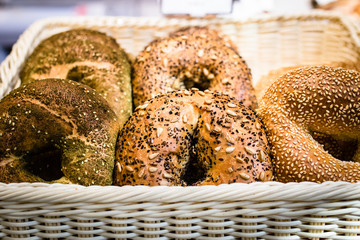 Different  bagels lying in a basket