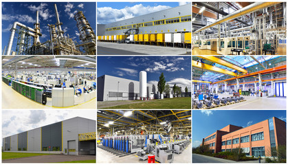 Collage mit moderen Industriegebäuden und Industrieanlagen - innen und aussen // industrial...