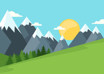 Sunshine morning in the mountains. Summer or spring landscape, vector background. Green meadows, pine forest, mountains and sun on blue sky. Flat style illustration of nature. 