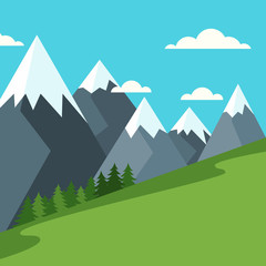 Vector summer or spring landscape background. Green valley, forest, mountains and blue sky. Flat style illustration of nature. 