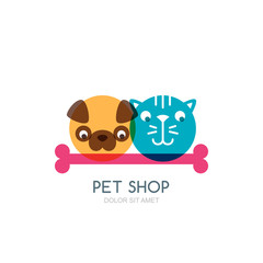 Colorful flat illustration of dog, cat and bone. Vector logo, icon, label design template. Trendy concept for pet shop, pets care and grooming, veterinary. 