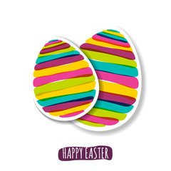 Happy Easter greeting card. Paper multicolor striped egg. Abstract background.
