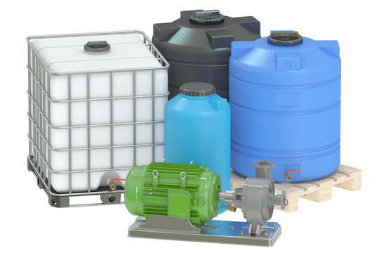 Group of plastic water tanks and pumping water