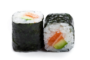 Two sushi maki rolls close up with  salmon and cucumber  on white background 