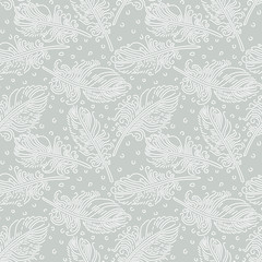 Feathers - seamless pattern.
Hand drawn seamlessly repeating ornamental wallpaper or textile pattern with feather motives in vector format.

