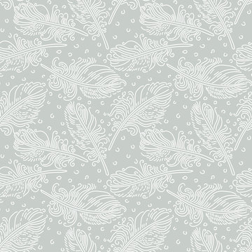 Feathers - seamless pattern.
Hand drawn seamlessly repeating ornamental wallpaper or textile pattern with feather motives in vector format.
