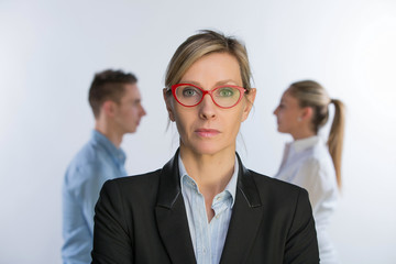Portrait of a professional female psychologist, her patients young couple
