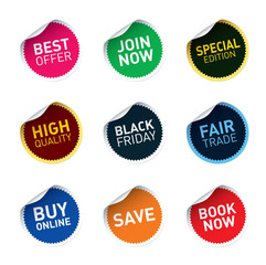 Color vector stickers SAVE, FAIR TRADE, JOIN NOW, BEST OFFER