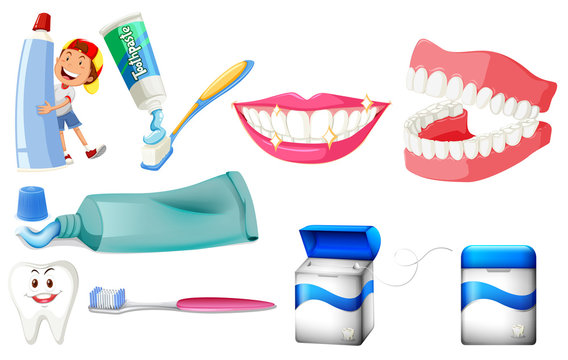 Dental set with boy and clean teeth