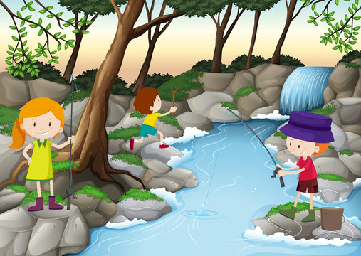 Children fishing in the river