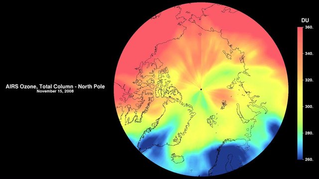 Animation shows ozone levels at the North Pole.