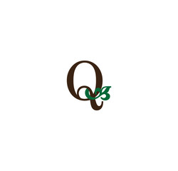 Q initial letter with green leaves