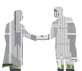 Double exposure handshake businessman on city skyline background