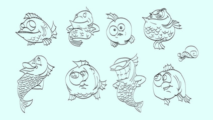 Obraz premium Colorful vector illustrations of line drawings collection of cartoon fish. Set.