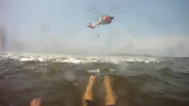 Go Pro camera footage of a surf rescue from the point of view of the victim in the water.
