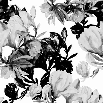Monochrome seamless floral pattern with flowers rose, buds and
