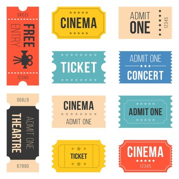 Ticket set for cinema, concert, vintage style, flat design