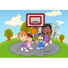 Children playing basketball on the park cartoon