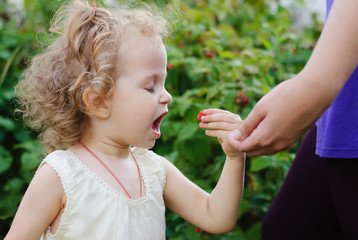 girl puts in a wide-open mouth berry