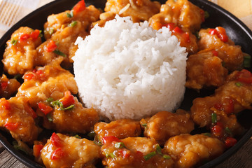 Orange chicken with a side dish of rice close-up. Horizontal

