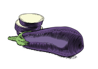 Raw whole and sliced eggplant