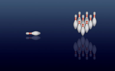 仲間はずれ
（ボウリングの一本のピンが、集団から離れた場所に寂しく横たわる。「仲間はずれ／いじめ」を表現）
