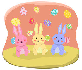 Three Easter Rabbit with colorful easter eggs background.