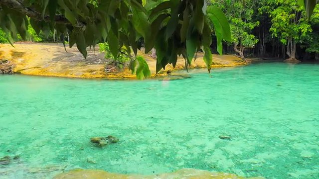Natural emerald pond with amazing blue color water in Krabi province of Thailand