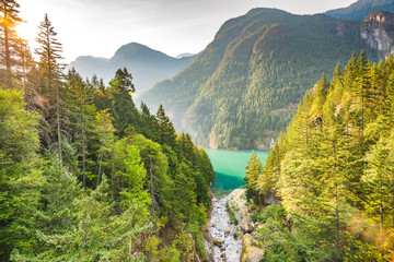 scene over Diablo lake when sunrise in the early morning in North cascade National...